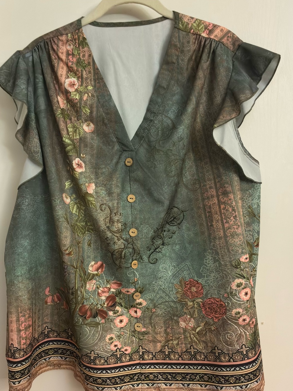 SHEIN Floral V-Neck Button Front Flutter Sleeve Top - Teal & Pink